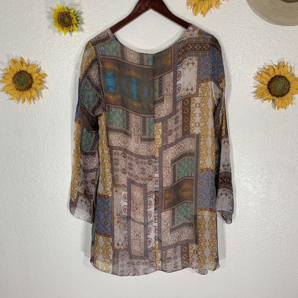 Moda Seta Italy Geometric Round Neck Sheer Flowy Top Blouse Womens Medium - Picture 12 of 13